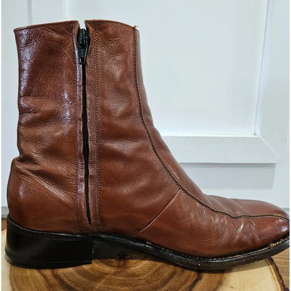 VTG 70S Disco Beatle Boots Florsheim Imperial Cognac Leather Side Zip Boots 8.5E